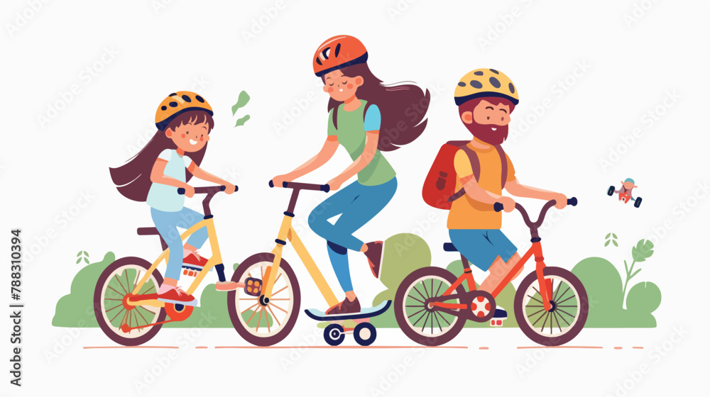 Cute happy family riding bike skateboard and roller 