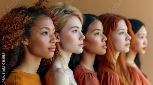 multi ethnic group of women each with a different type of skin color against a beige background caucasian african american and asian women are all togetherphoto illustration