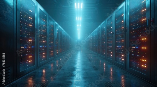 modern data technology center server racks in dark room with vfx visualization concept of internet of things data flow digitalization of internet traffic complex electric equipment warehouseimage