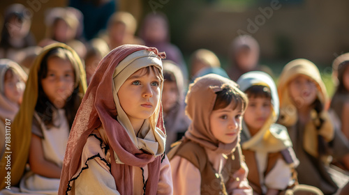 An outdoor school play with children dressed in biblical costumes, performing a Bible story with the school as a backdrop. , natural light, soft shadows, with copy space
