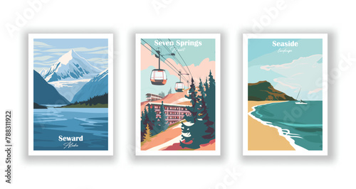 Seaside, landscape, Seven Springs, Resort, Seward, Alaska - Vintage travel poster. Vector illustration. High quality prints