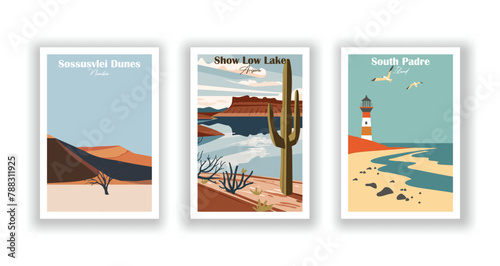 Show Low Lake, Arizona, Sossusvlei Dunes, Namibia, South Padre Island - Vintage travel poster. Vector illustration. High quality prints