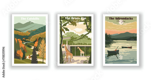 The Adirondacks, New York, The Bronx Zoo, New York, Catskills, New York - Vintage travel poster. Vector illustration. High quality prints