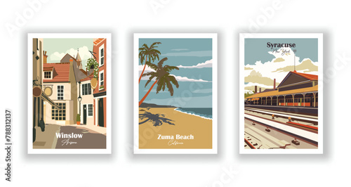 York, England, Zuma Beach, California, Syracuse, New York - Vintage travel poster. Vector illustration. High quality prints photo
