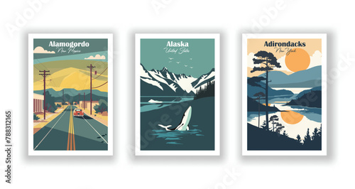 Adirondacks, New York, Alamogordo, New Mexico,Alaska, United States - Vintage travel poster. Vector illustration. High quality prints