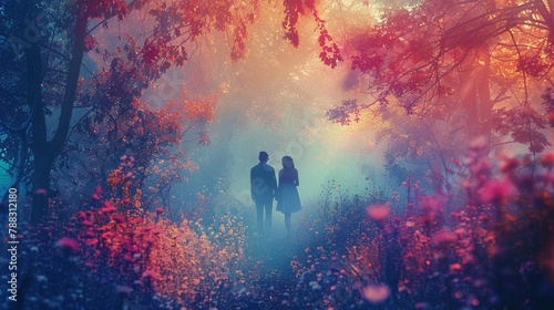 Mystical pastel forest scene with young lovers, magic in the air ,ultra HD,digital photography