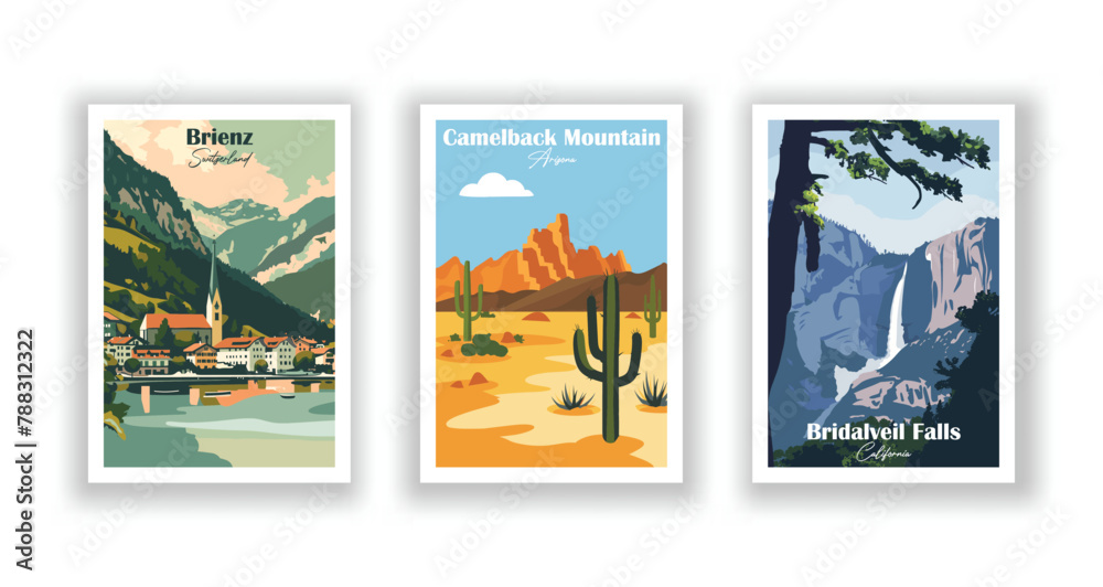Bridalveil Falls, California, Brienz, Switzerland, Camelback Mountain, Arizona - Vintage travel poster. Vector illustration. High quality prints