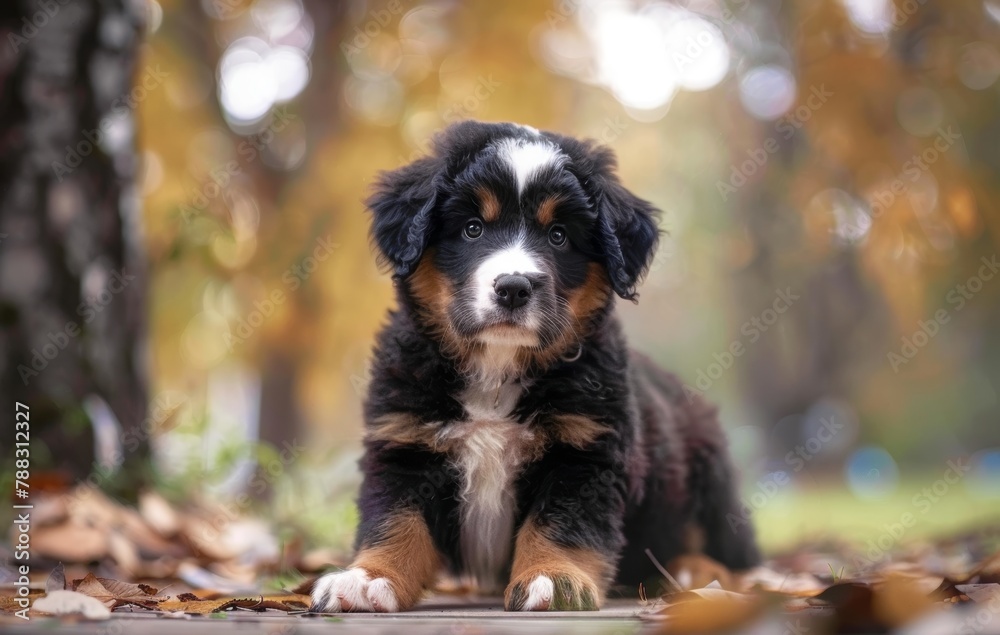 A bernese mountain puppy is laying on the ground in a park