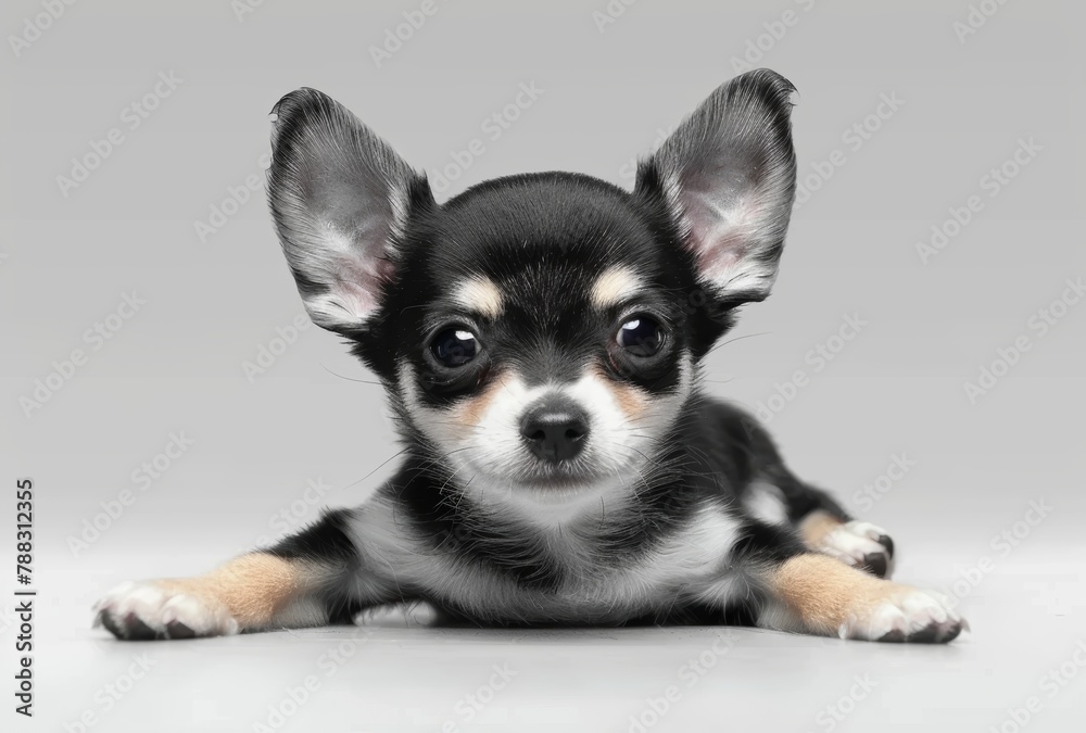 A chihuahua puppy is laying on a white surface