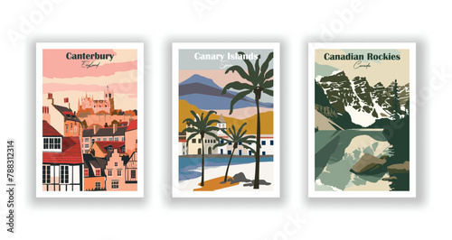 Canadian Rockies, Canada, Canary Islands, Spain, Canterbury, England - Vintage travel poster. Vector illustration. High quality prints