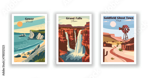 Goldfield Ghost Town, Nevada, Grand Falls, Arizona, Gower Peninsula - Vintage travel poster. Vector illustration. High quality prints