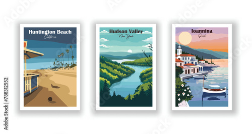Hudson Valley, New York, Huntington Beach, California, Ioannina, Greek - Vintage travel poster. Vector illustration. High quality prints