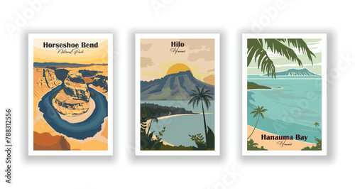 Hanauma Bay, Hawaii, Hilo, Hawaii, Horseshoe Bend, National Park - Vintage travel poster. Vector illustration. High quality prints photo