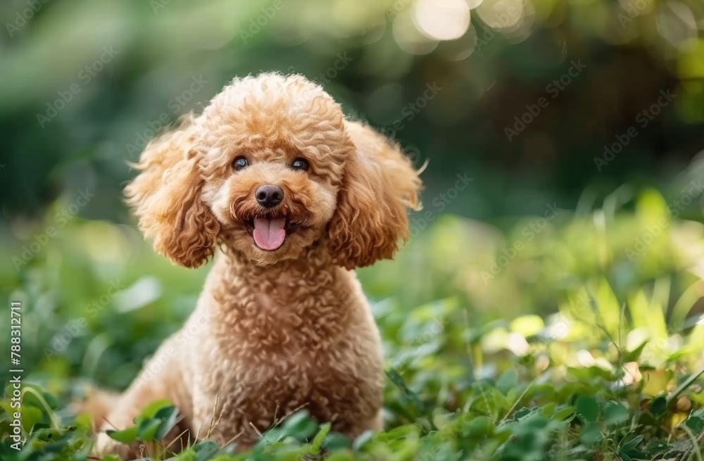 A cute poodle is sitting in the grass with its tongue out