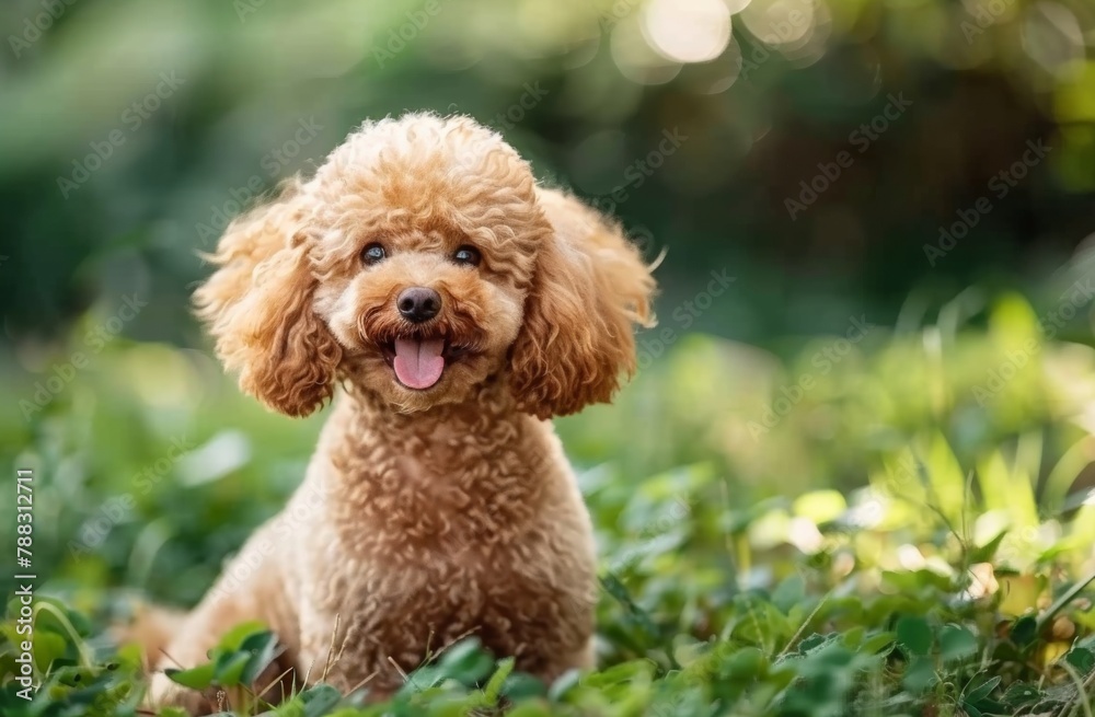 A cute poodle is sitting in the grass with its tongue out A cute poodle is sitting in the grass with its tongue out