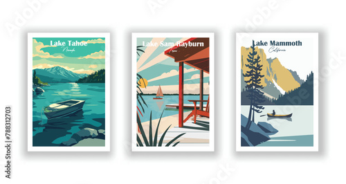 Lake Mammoth, California, Lake Sam Rayburn, Texas, Lake Tahoe, Nevada - Vintage travel poster. Vector illustration. High quality prints photo