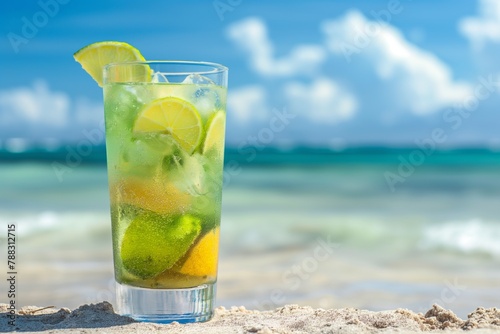 Refreshing caipirinha cocktail with lime and mint on a beach