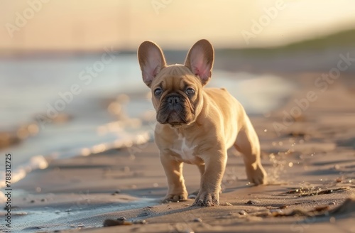 A french bulldog puppy is walking on the beach