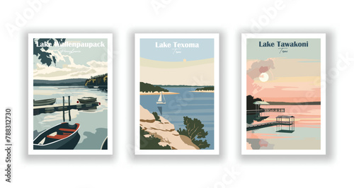 Lake Tawakoni, Texas, Lake Texoma, Texas, Lake Wallenpaupack, Pennsylvania - Vintage travel poster. Vector illustration. High quality prints
