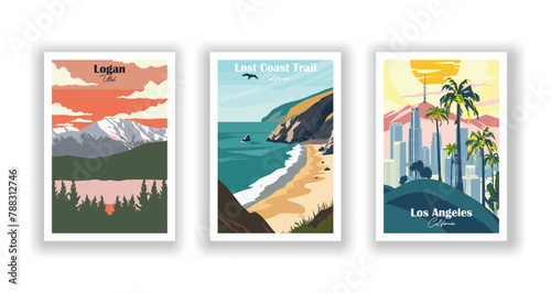 Logan, Utah, Los Angeles, California, Lost Coast Trail, California - Vintage travel poster. Vector illustration. High quality prints