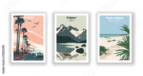 Oxnard, California, Padre Island, National Seashore, Palmer, Alaska - Vintage travel poster. Vector illustration. High quality prints photo