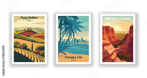 Palo Duro Canyon, State Park, Panama City, Florida, Paso Robles, California - Vintage travel poster. Vector illustration. High quality prints photo