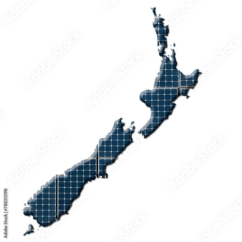 Solar energy photovoltaic panels in the shape of a map of New Zealand © Richard