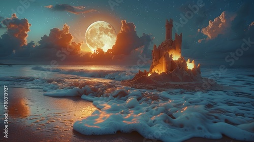 magical allure of a sand castle on the beach, illuminated by the soft glow of moonlight reflecting off the ocean waves, captured in cinematic high resolution photography. photo