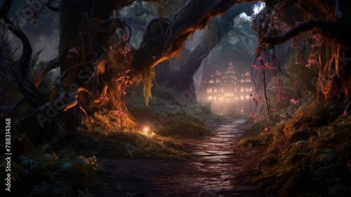 Night view of the fantasy dark forest.