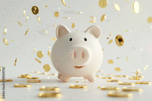 Piggy bank and falling gold coins photo