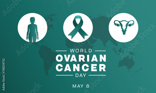 World Ovarian Cancer Day design. It features a woman, an ovary symbol and a teal ribbon. Vector illustration