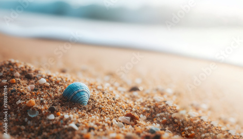 Conchiglia estiva blu su sabbia di una spiaggia col mare sullo sfondo photo