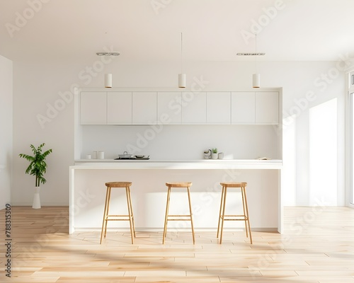 Kitchen interior in beautiful new luxury home with kitchen island and wooden floor, bright modern minimal style, with copy space