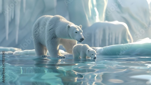 a cartoonic polar bear and his little cub walking down the snowy mountain in the lake photo