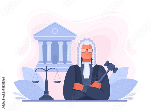 A male judge in a robe and wig with a hammer and scales near the courthouse. The concept of court, law, justice, crime and sentence. Vector illustration in blue color.