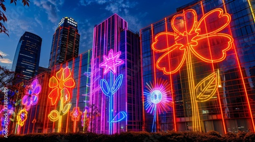 Buildings in the beautiful district in twilight are decorated with neon lights in the shape of building, trees , star, flower