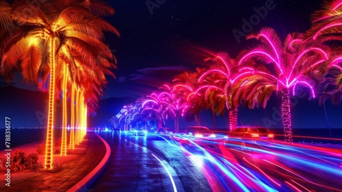 Coconut trees along the beachside road at dark-twilight, Coconut tree and street are outlined with neon lights, and passing cars blur into streaks of light © saichon