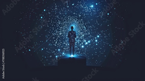Abstract image of a business man standing behind rostrum in the form of a starry sky or space, consisting of points, and shapes in the form of planets, stars and universe.
