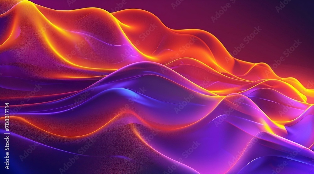 Obraz premium purple to orange, with the bottom edge of each color forming curved lines that glow slightly. The dark blue background has an abstract feel. It seems like the surface could be touched, and there is a 