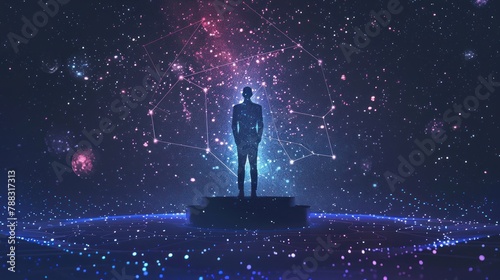 Abstract image of a business man standing behind rostrum in the form of a starry sky or space, consisting of points, and shapes in the form of planets, stars and universe.