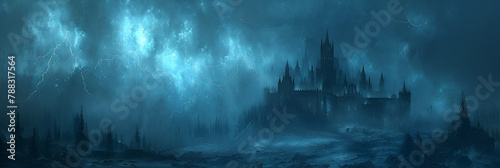 A Picture of a Castle with a Lightning Bolt,
An eerie dark fantasy landscape bathed in a ghostly blue light with twisted barren trees and ancient
