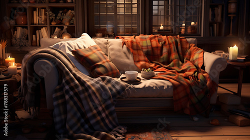 A cozy sofa adorned with soft blankets and scattered cushions