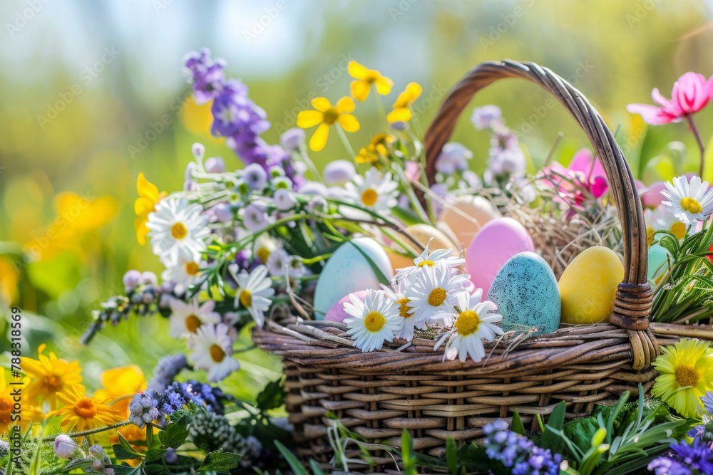 An Easter basket brimming with pastel-colored eggs and surrounded by vibrant spring flora, capturing the essence of the holiday An Easter basket brimming with pastel-colored eggs and surrounded by vibrant spring flora, capturing the essence of the holiday