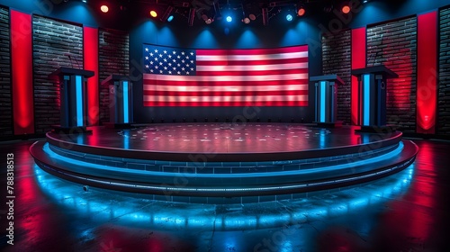 American Debate Arena: A Stage Set for Political Discourse. Concept Political Discourse, American Debate, Current Events, Public Speaking, Controversial Topics photo