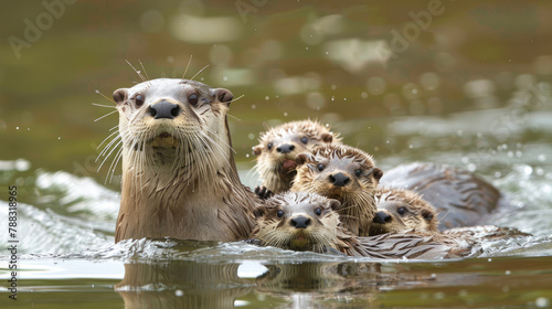 A mother otter teaching her pups how to swim, her patient guidance ensuring they grow up to be strong and confident 