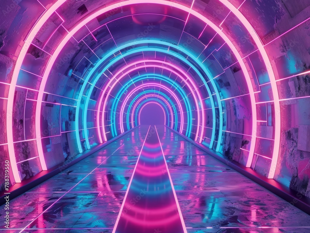 Abstract virtual reality space with glowing neon arches and futuristic geometry, evoking a sense of entering a sci-fi cyber tunnel Abstract virtual reality space with glowing neon arches and futuristic geometry, evoking a sense of entering a sci-fi cyber tunnel