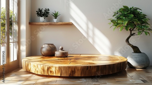 empty minimal natural wooden table counter podium beautiful wood grain in sunlight shadow on white wall for luxury cosmetic skincare beauty treatment decoration product display background dimage photo