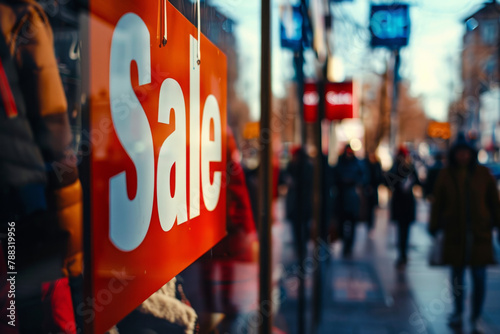 Promotional imagery for a sale, featuring a sign in a storefront window with the word "Sale" and potential shoppers in the backdrop