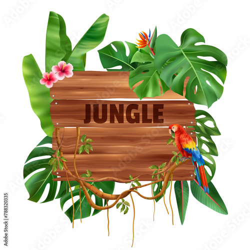 Realistic colorful jungle composition with text