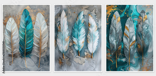 Feather Wall Art Decor , Wall painting of three pieces of watercolor feathers, modern, classic